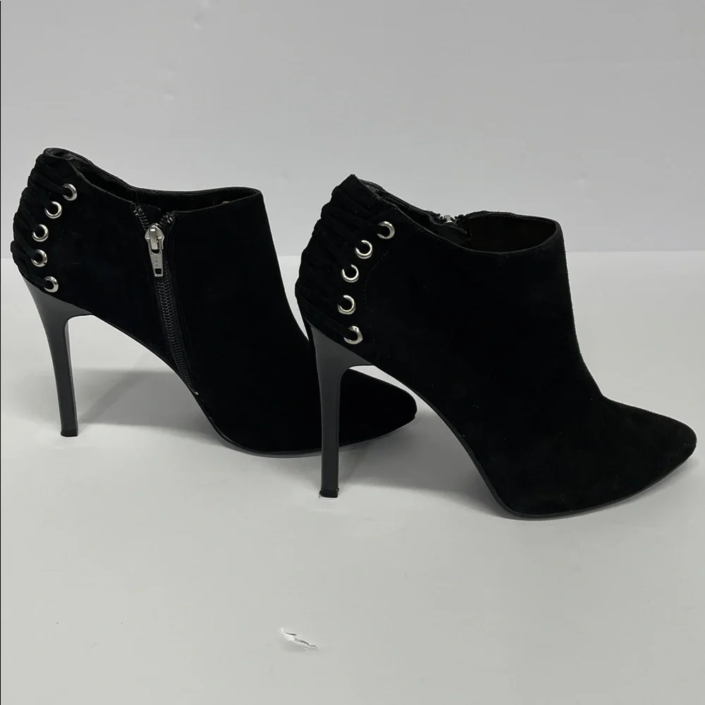 BCBGeneration black suede platform stiletto ankle booties with laceup detail